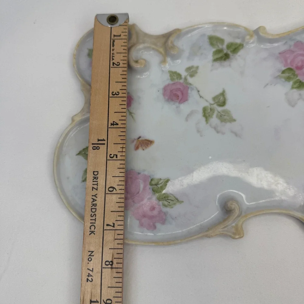 Antique‎ Hand Painted Porcelain Vanity Tray Pink Roses Signed T Baker Butterfly